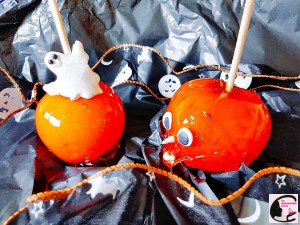 pomme d'amour, pomme amour, pomme, caramel, sucrerie, gourmandise, sucre, pâte d'amande, amande, croquant, orange, colorant alimentaire, fantôme, fête, halloween